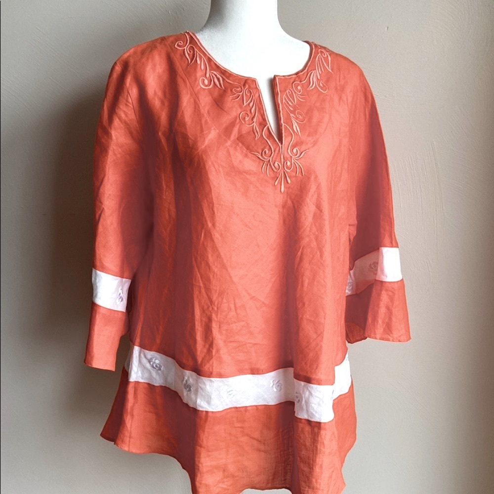 100% Linen Chic Orange and White Tunic Top with Elegant Embroidery SZ 16